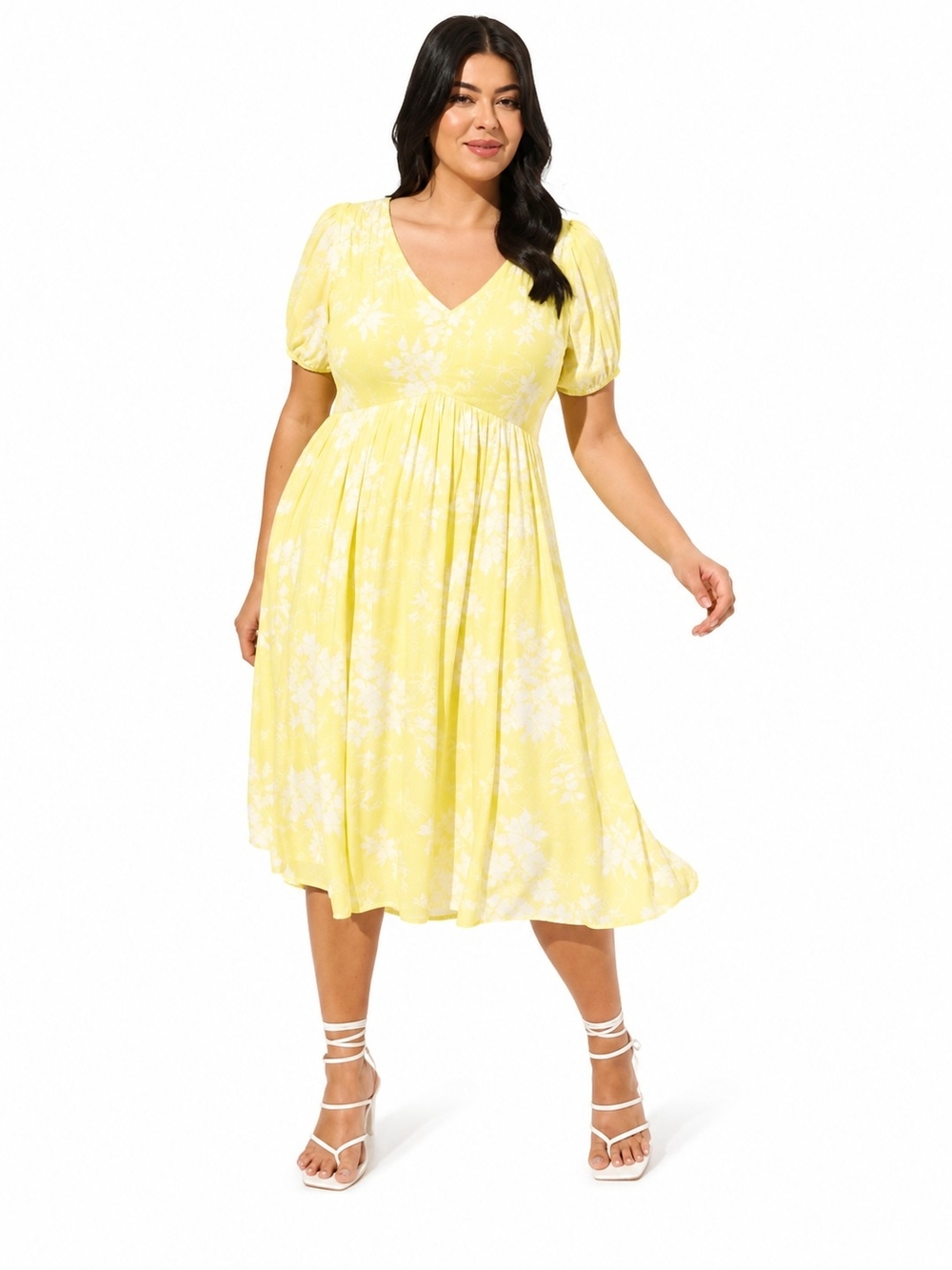 torrid Yellow Floral V-Neck Midi Dress with Puff Sleeves
